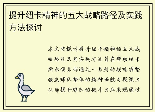 提升纽卡精神的五大战略路径及实践方法探讨